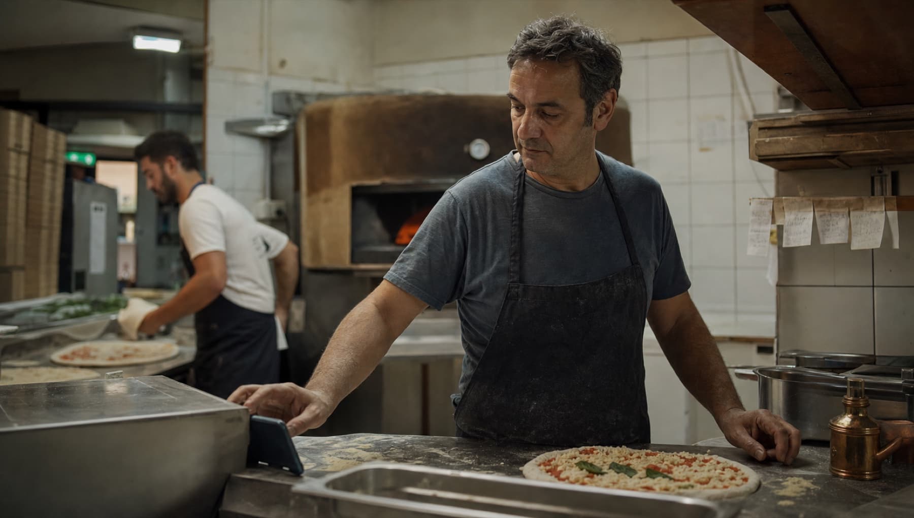 Il titolare di una pizzeria al lavoro durante la preparazione del servizio
